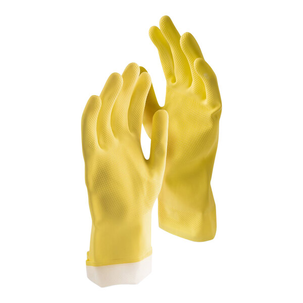 Libman 12" Yellow 18.5 Mil All-Purpose Latex Rubber Gloves with Flock Lining - Large - 12/Case