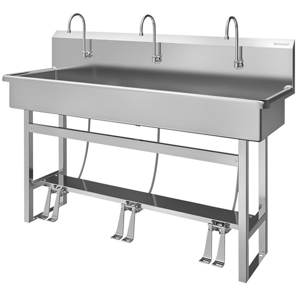 Sani-Lav 56FSL-0.5 60" x 20" Floor-Mounted Multi-Station Hands-Free Sink with (3) Double Foot-Operated 0.5 GPM Faucets