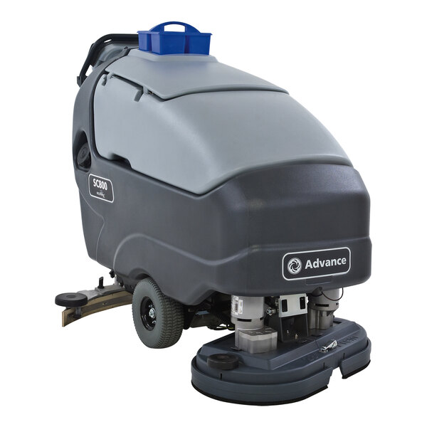 Advance SC800 ST 34D 56112457 34" Cordless Walk Behind Floor Scrubber with 310 Ah Wet Batteries, Shelf Charger, and Pad Holders - 25 Gallon, 24V, 270 RPM