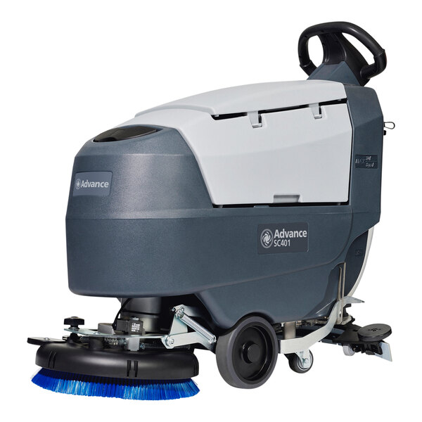 Advance SC401 17BD Traction 56385362 17" Walk Behind Small Floor Scrubber with (2) 105 Ah Wet Batteries, Charger, and Brush - 7.9 Gallon
