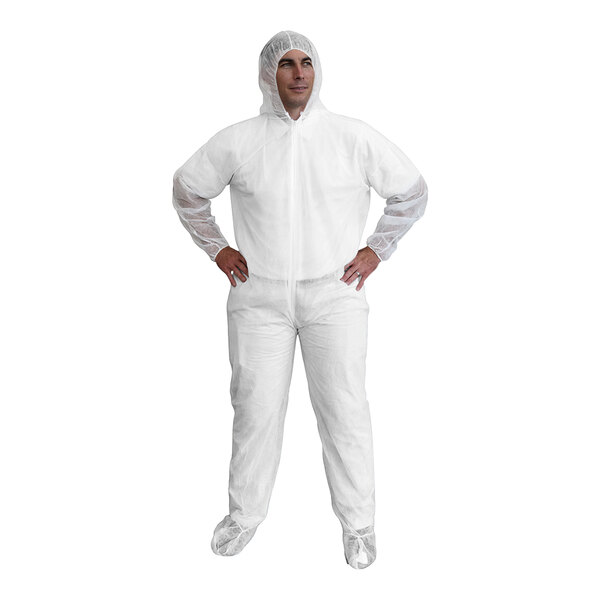Cordova White Standard Weight Polypropylene Coveralls with Hood and Boots - Large