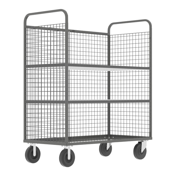 Valley Craft 57" x 30" x 68" Gray 3-Sided Stock Picking Cage Cart with 2 Shelves F89054VCGY - 1,600 lb. Capacity