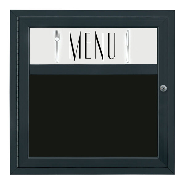 United Visual Products 24" x 26" Black Single Door Enclosed Magnetic Menu Board with Header