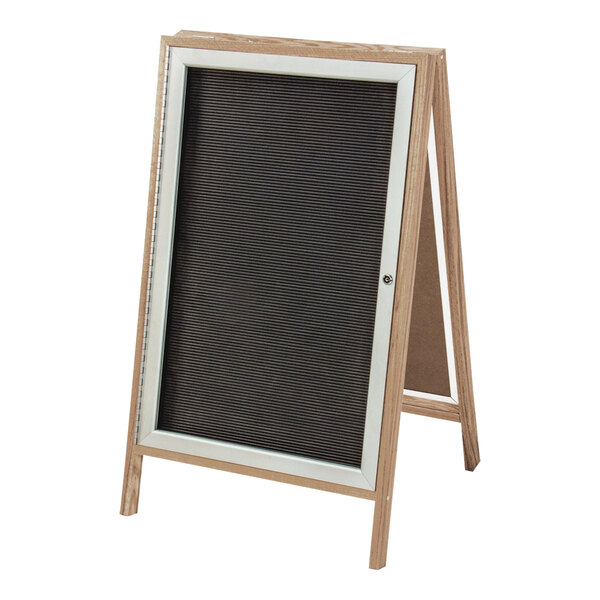 United Visual Products 24" x 40" Black Letterboard A-Frame Sign with Light Oak Frame and Aluminum Door
