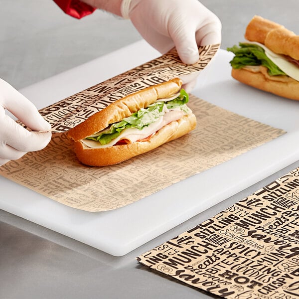 Choice 12" x 12" Kraft Hot / Savory Print Deli Sandwich Wrap Paper - 1000/Pack
