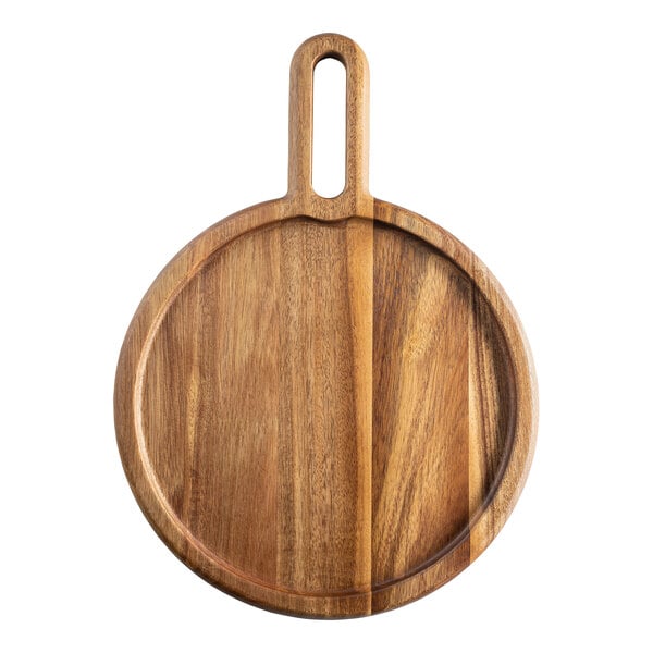 Tablecraft Acacia Collection 12" Round Rimmed Acacia Wood Serving Board with Handle