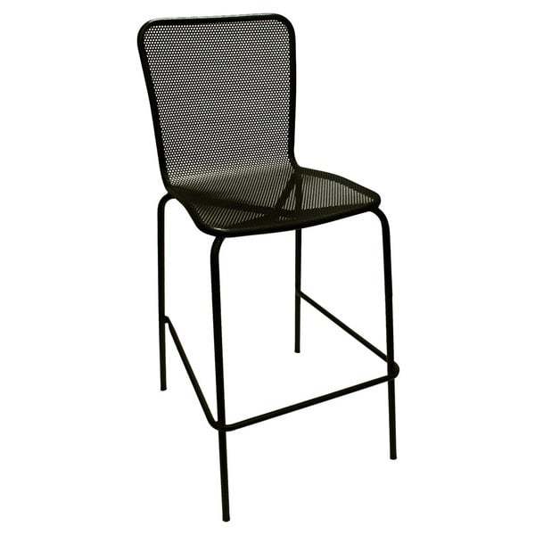 An American Tables & Seating black outdoor bar stool with a mesh back.