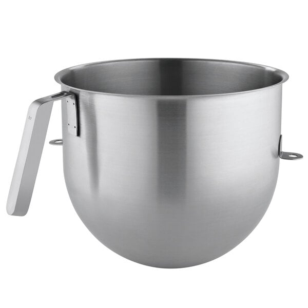 A silver KitchenAid stainless steel bowl with a handle.
