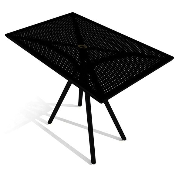 A black American Tables and Seating rectangular outdoor table with metal legs.