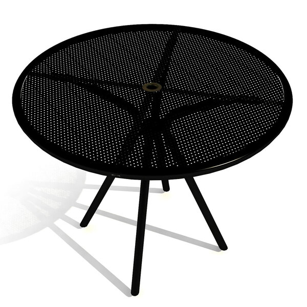 A black American Tables and Seating round outdoor table with metal legs.