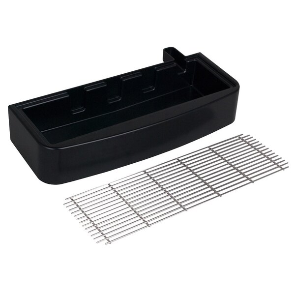 A black rectangular drip tray with a metal rack.