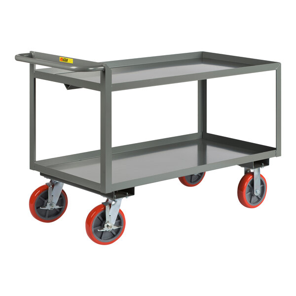Little Giant 30" x 48" x 32" Heavy-Duty Lipped 2-Shelf Steel Merchandise Collector Truck with 8" Polyurethane Casters with Brakes GL-3048-8PYBK