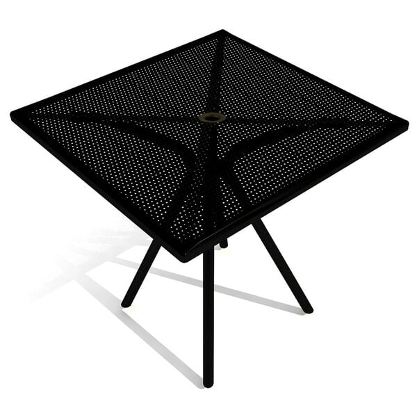 An American Tables and Seating black square outdoor table with metal legs.