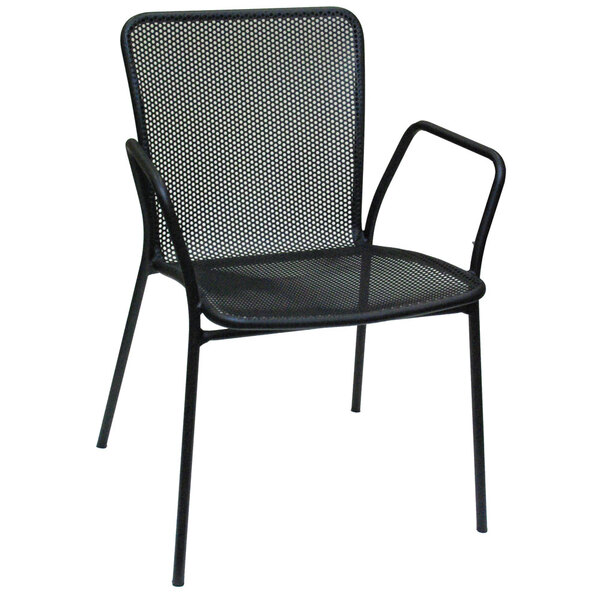 An American Tables & Seating black metal outdoor chair with mesh and armrests.
