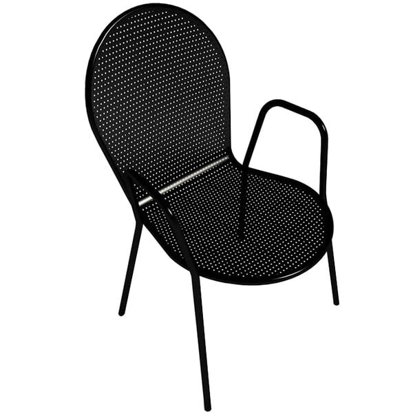 An American Tables and Seating black metal outdoor chair with arms and rounded seat and seat back.