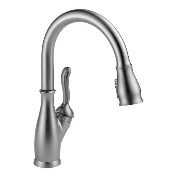 Delta Faucet 9178-AR-DST Leland 1.8 GPM Deck-Mount Arctic Stainless Finish Kitchen Faucet with Lever Handle, 9 3/16" Swing Gooseneck Spout, and Pull-Down Spray Wand