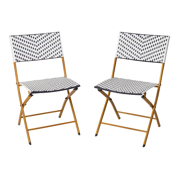Flash Furniture Rouen Navy and White Synthetic Rattan Folding Chair with Natural Steel Frame - 2/Set