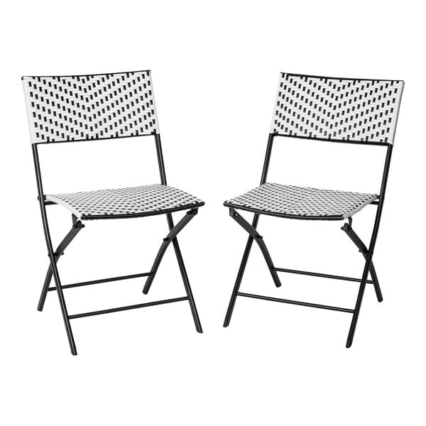 Flash Furniture Rouen Black and White Synthetic Rattan Folding Chair with Black Steel Frame - 2/Set