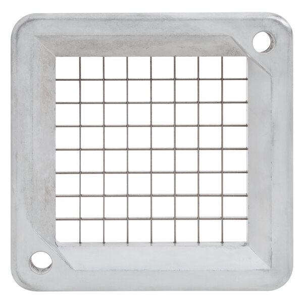 A white square with metal poles and holes in it.