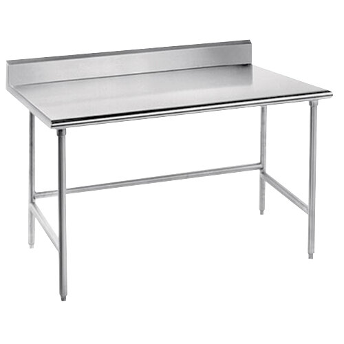 A stainless steel Advance Tabco work table with an open base and a backsplash.
