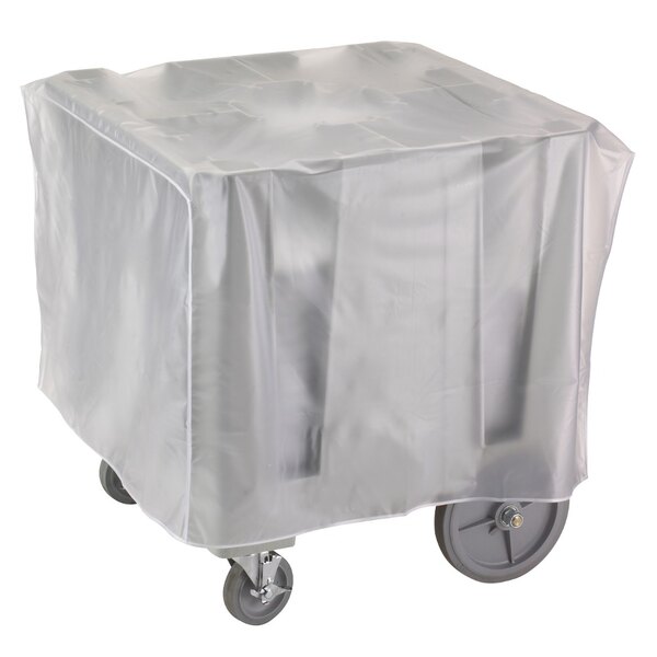 A white plastic cover for a Cambro dish caddy on wheels.