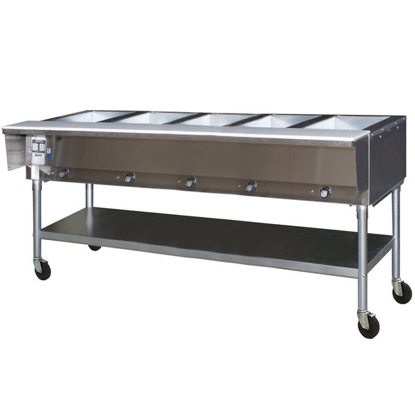 An Eagle Group portable hot food table with stainless steel rectangular wells.