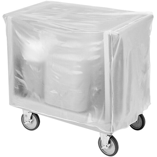 A white plastic cover for a Cambro TDC30 dish cart on wheels.