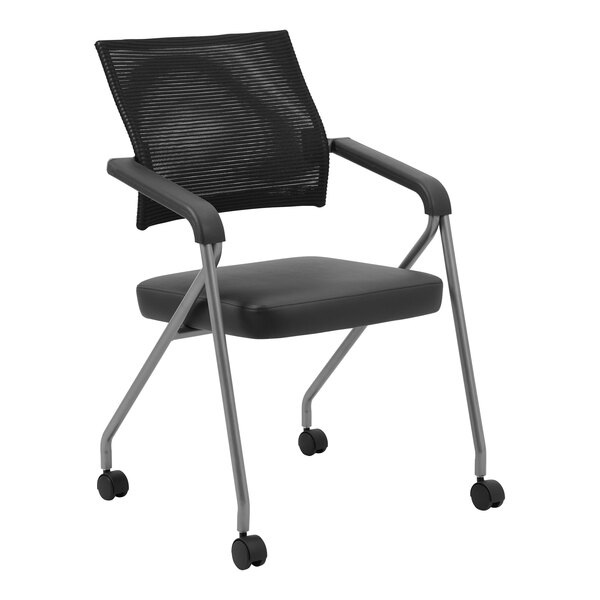 Boss Black CaressoftPlus Vinyl / Mesh Mid-Back Training Chair with Pewter Steel Frame - 2/Set