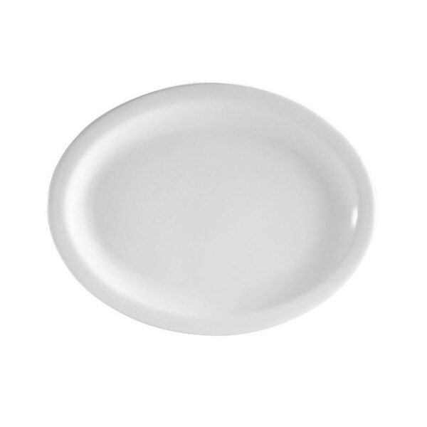 A close-up of a CAC white porcelain platter with a white rim.