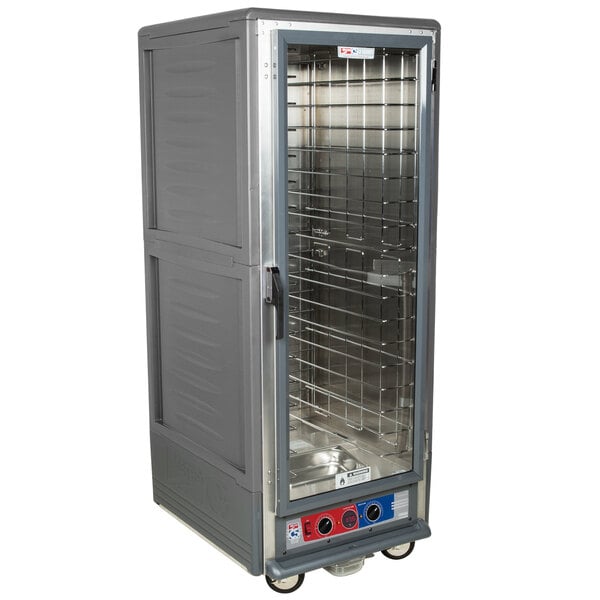 A large gray Metro C5 heated holding and proofing cabinet with a clear door.