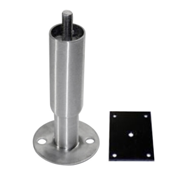 A metal pole with a screw and two black metal plates with holes.