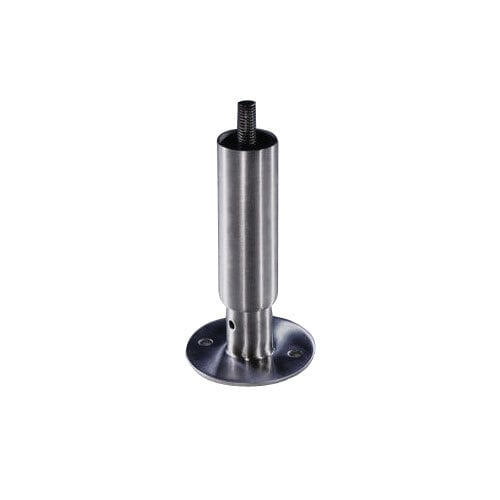 A stainless steel base with a hole in it and a metal pole with a black screw on the end.