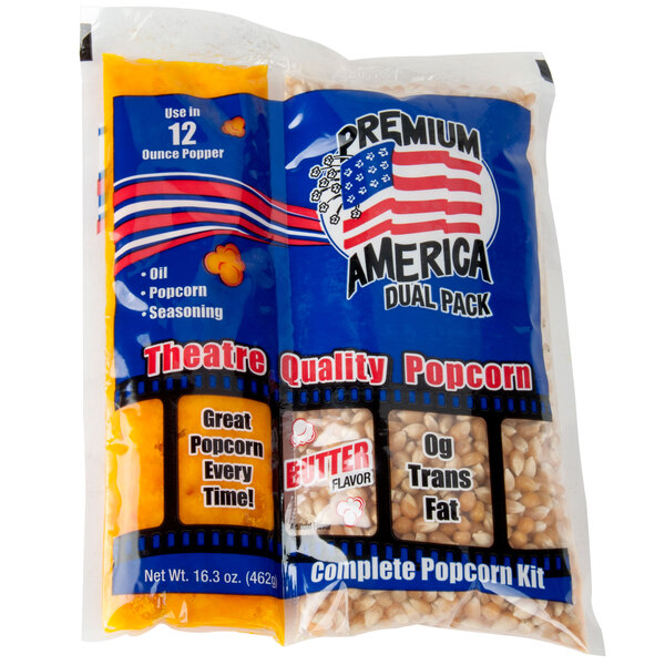 A case of 24 Great Western All-In-One Popcorn Kits. Each kit includes a bag of popcorn.
