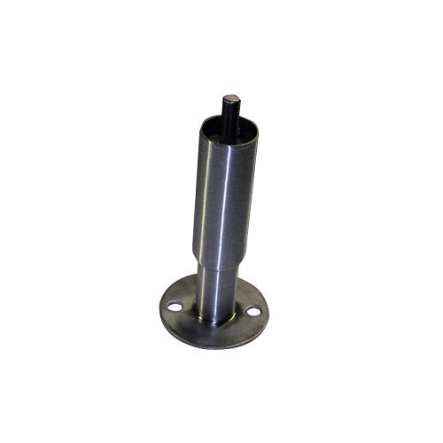 A True refrigeration equipment leg with a flanged metal pole and holes in it.