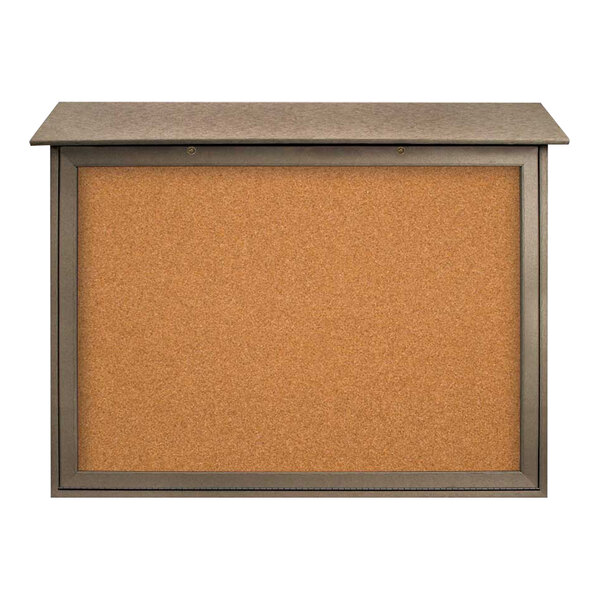United Visual Products 45" x 36" Double-Sided Bottom Hinge Message Center with Corkboard and Weathered Wood Recycled Plastic Frame