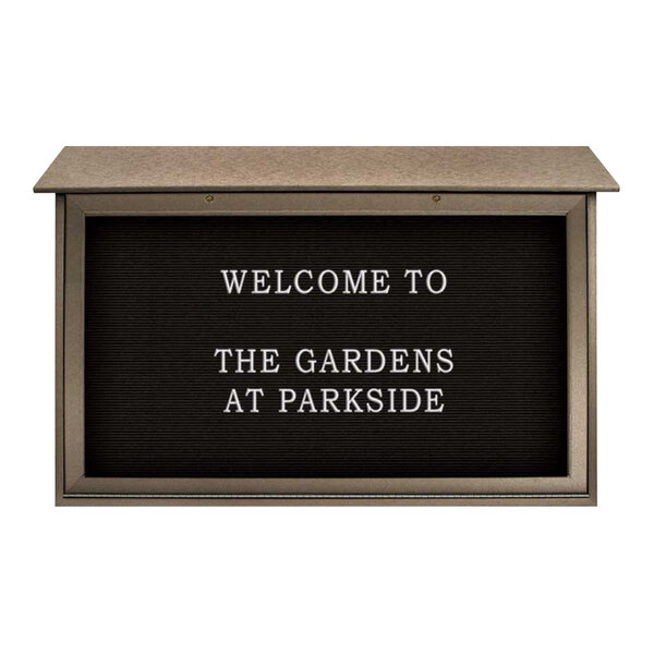 United Visual Products 45" x 30" Double-Sided Bottom Hinge Message Center with Black Felt Letterboard and Weathered Wood Recycled Plastic Frame