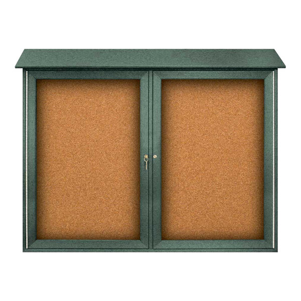 United Visual Products 45" x 36" Double Door Message Center with Corkboard and Woodland Green Recycled Plastic Frame