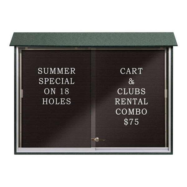 United Visual Products 52" x 40" Sliding Glass Door Message Center with Black Felt Letterboard and Woodland Green Recycled Plastic Frame