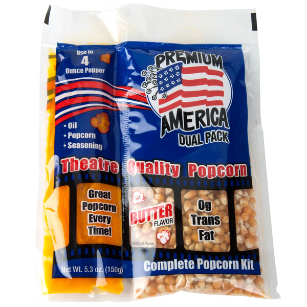 A white bag of Great Western All-In-One Popcorn Kit with text and images.