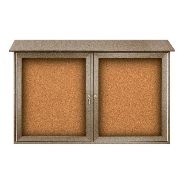 United Visual Products 45" x 30" Double Door Message Center with Corkboard and Weathered Wood Recycled Plastic Frame