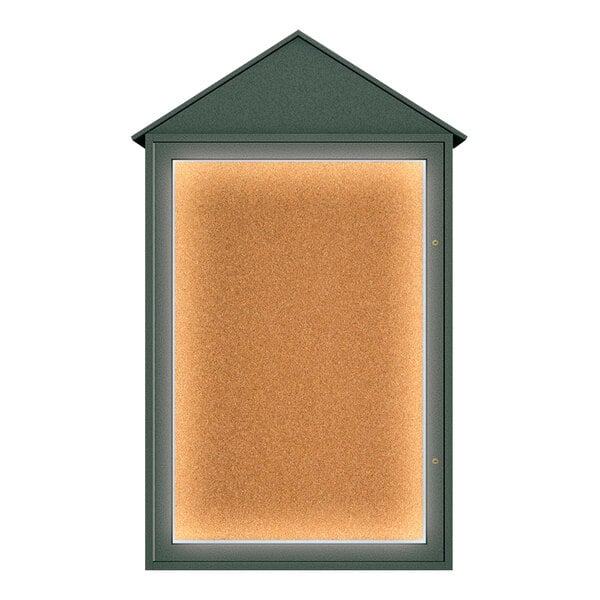 United Visual Products 28" x 48" Single-Sided Enclosed Outdoor LED Cathedral Message Center with Corkboard and Woodland Green Recycled Plastic Frame