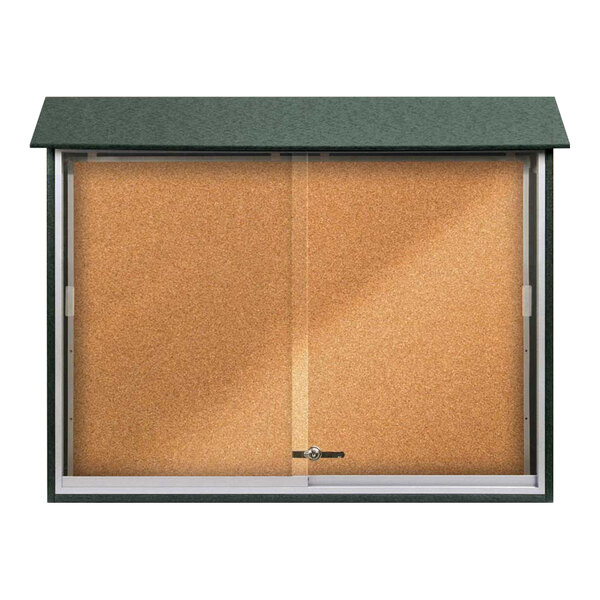 United Visual Products 45" x 36" Sliding Glass Door Message Center with Corkboard and Woodland Green Recycled Plastic Frame
