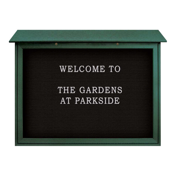 United Visual Products 45" x 36" Double-Sided Bottom Hinge Message Center with Black Felt Letterboard and Woodland Green Recycled Plastic Frame