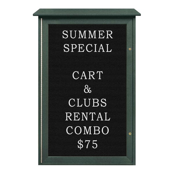 United Visual Products 26" x 42" Single Door Message Center with Black Felt Letterboard and Woodland Green Recycled Plastic Frame