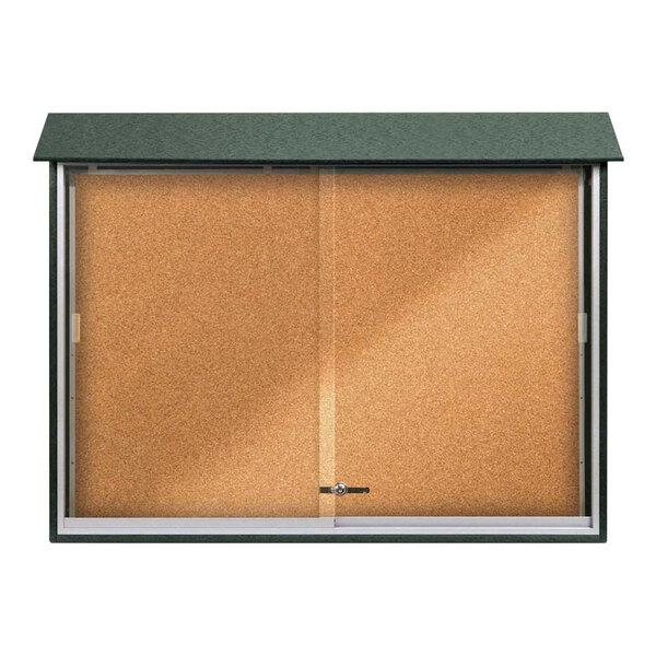 United Visual Products 52" x 40" Sliding Glass Door Message Center with Corkboard and Woodland Green Recycled Plastic Frame