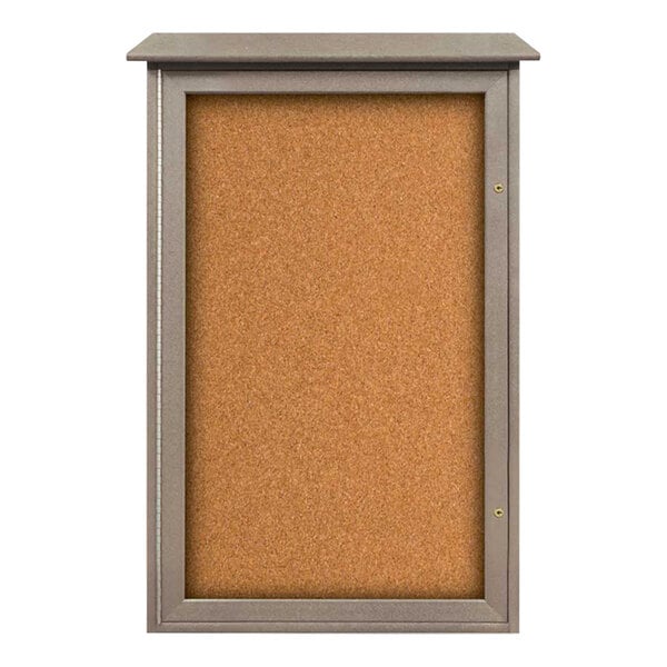 United Visual Products 26" x 42" Single Door Message Center with Corkboard and Weathered Wood Recycled Plastic Frame