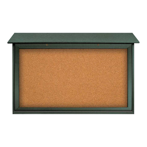 United Visual Products 45" x 30" Double-Sided Bottom Hinge Message Center with Corkboard and Woodland Green Recycled Plastic Frame