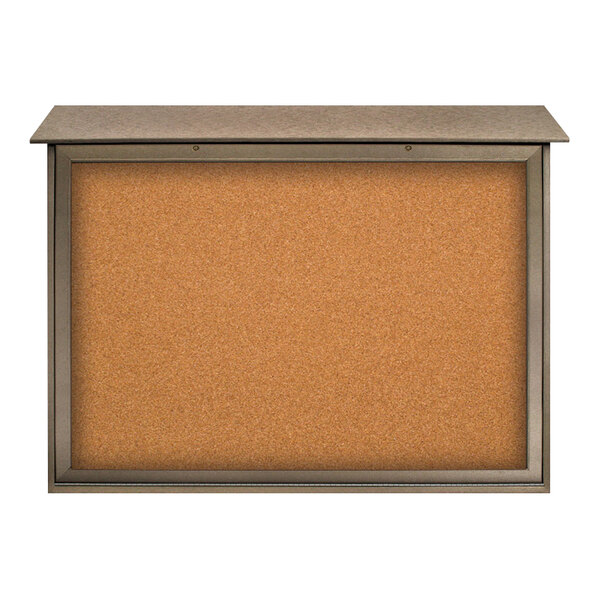 United Visual Products 52" x 40" Double-Sided Bottom Hinge Message Center with Corkboard and Weathered Wood Recycled Plastic Frame