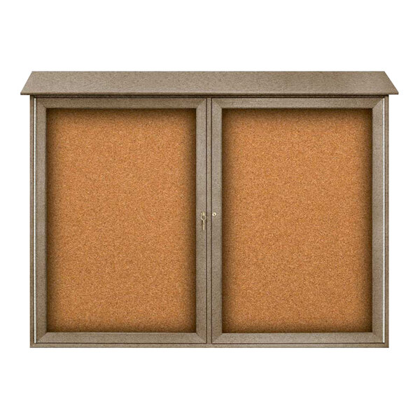 United Visual Products 52" x 40" Double Door Message Center with Corkboard and Weathered Wood Recycled Plastic Frame