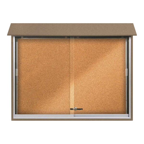 United Visual Products 45" x 36" Sliding Glass Door Message Center with Corkboard and Weathered Wood Recycled Plastic Frame